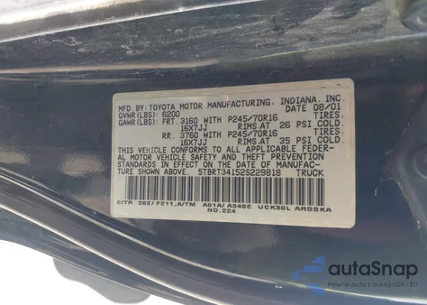 2002 Toyota Tundra Sr5 V8 из США, поврежденный, VIN 5TBRT34152S229818